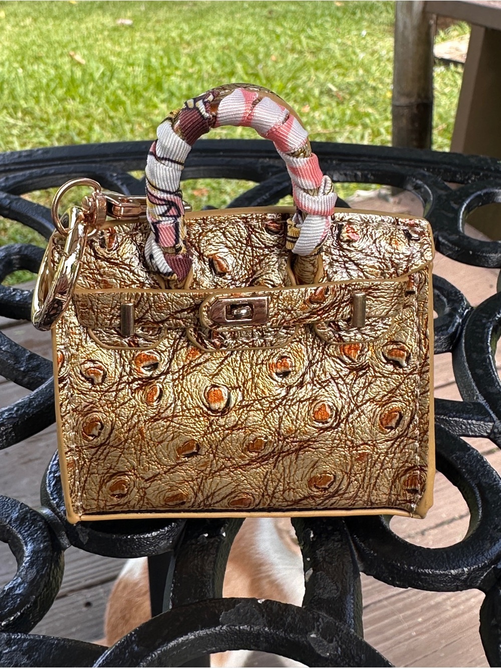 Gold Metallic Textured Mini Tote with Patterned Handle